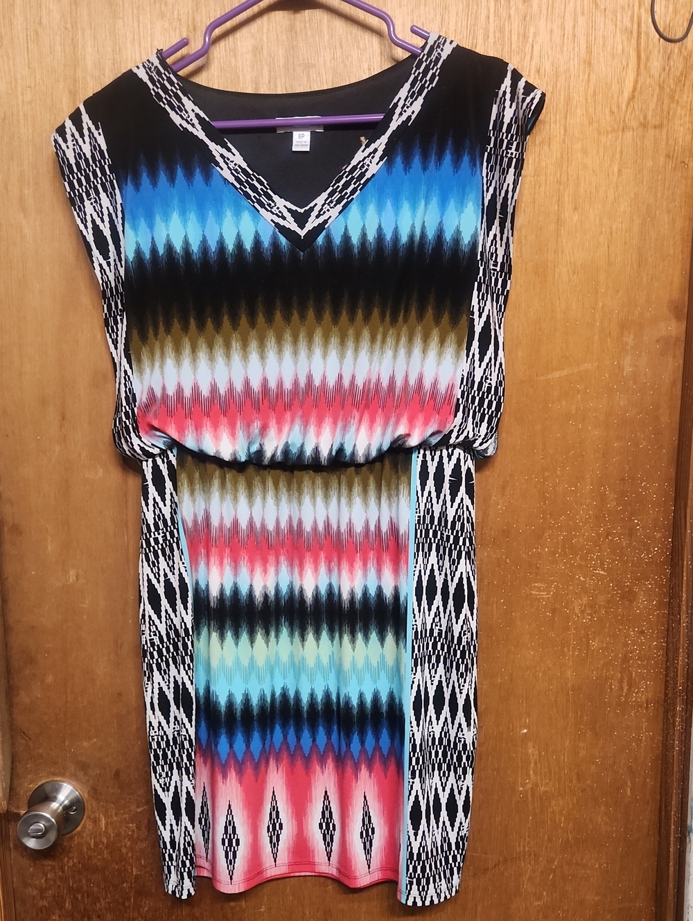 London Times Chevron-Stripe V-Neck Midi Dress in Blue, Coral, Black & Cream